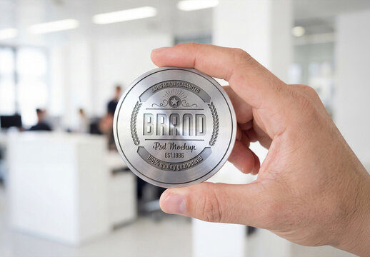 Man&rsquo;s Hand Holding Cicular Silver Plate Logo Mockup