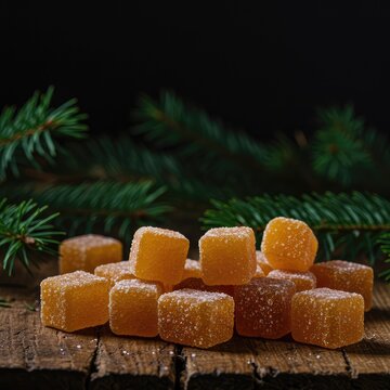 Delicious homemade hard candies flavored with natural pine extract, scattered on a rustic wooden table with forest greenery ,hard candy ,homemade ,forest