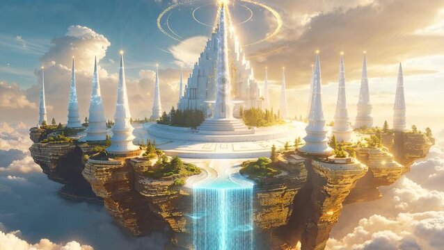 Fantasy scene with white heaven city with golden temples and energy waterfalls, floating above the sky. The realm of Gods