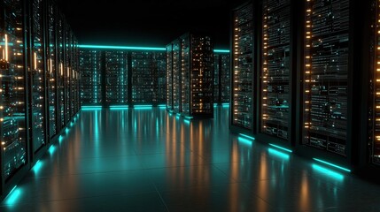Fototapeta premium Futuristic server room with turquoise and orange LED lighting and glossy floor tiles