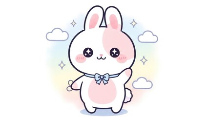 Obraz premium Cute cartoon bunny character with bow waving hello against pastel background