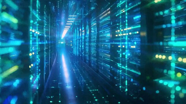 Futuristic financial data stream and digital network flow in high-tech server room (AI Generated)