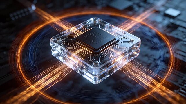 Microchip inside transparent cube with glowing circuit lines