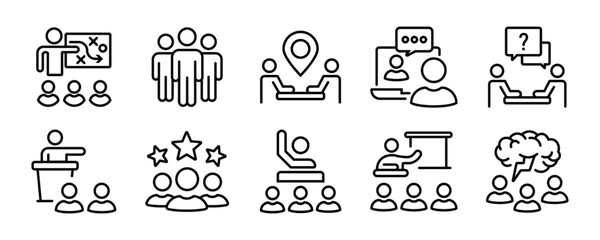 Fototapeta premium Business presentation icon set. Containing seminar, presentation, meeting, whiteboard, conference, business plan and more. Outline Icon Collection. Editable stroke. Vector illustration