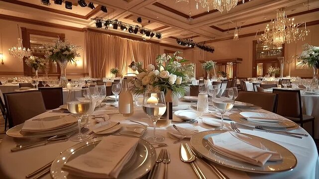 A wide shot of an elegant banquet hall beautifully set for a private dining event featuring formal table settin 5059b97d 2