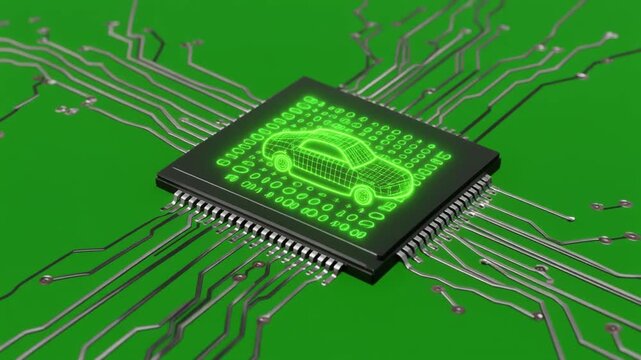 Isometric Circuit Board with Automotive Microchips Representing Vehicle Technology Innovation with Green Glow