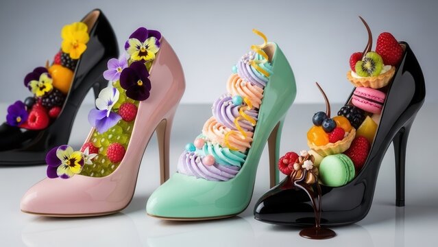 A luxurious still life presents an array of chic high-heeled shoes in pastel hues, each decadently filled with an artistic assortment of gourmet desserts, including fresh berries, meringues, and macar