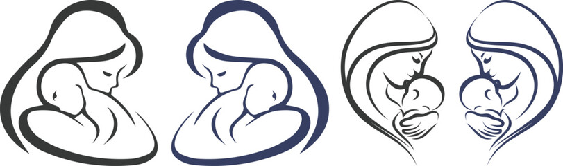Obraz premium Mother and baby icon set collection with maternity silhouettes, parenting love symbols, pregnancy, childcare, family care moments isolated on white background vector.