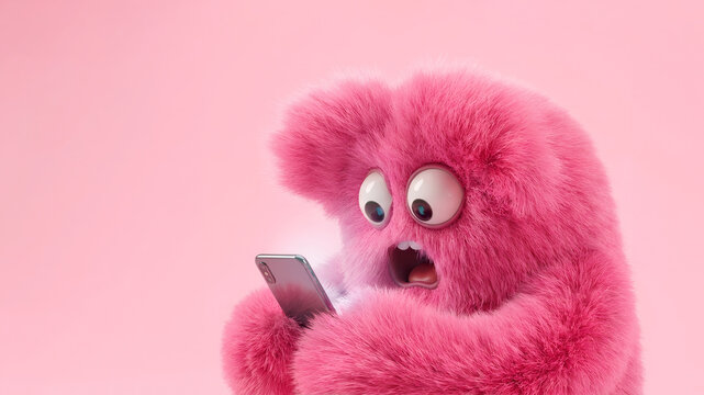 Shocked pink furry monster looks at a smartphone on pink background. Banner template cute character using digital device or advertising technology, app promotion or news with copy space.