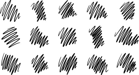 A collection of 12 unique black scribble patterns on a white background