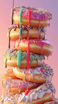 Colorful doughnut tower with dripping icing and sprinkles against pink background