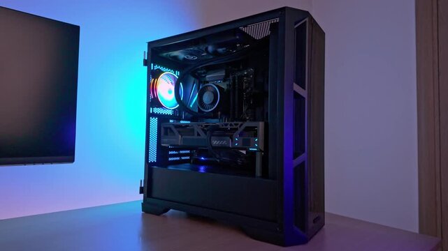 Upward cinematic movement revealing gaming pc tower with glowing rgb lighting, liquid cooling system, and high performance desktop hardware configuration