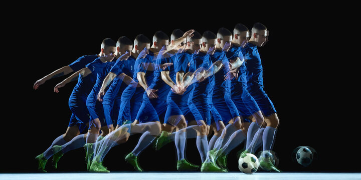 Stroboscopic motion of soccer player kicking ball in dark studio. Concept of movement analysis, speed visualization, athletic technique, dynamic sports performance for advertising and editorial use.