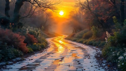 Serene Autumn Road bathed in Golden Sunlight