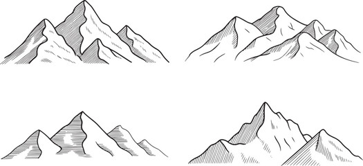 Fototapeta premium Various detailed line art sketches depict different mountain formations demonstrating elevation changes and shadowed areas for illustrative purposes in design.