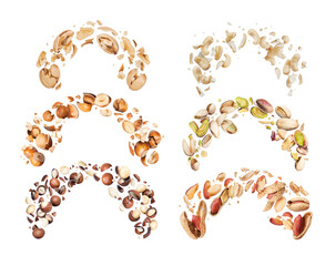 Collection of various crushed nuts in the air isolated on a white background. Walnut, pistachio, hazelnut,peanut,macadamia,cashews