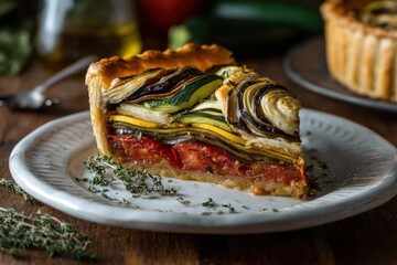 Ratatouille pie colorful layered vegetable filling (zucchini, eggplant, tomato)