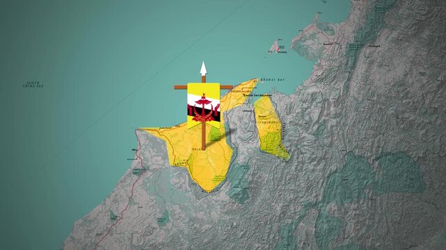 Brunei Country Map Animation Highlighting Territory with National Flag Marker