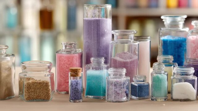 Medium shot showcasing the preparation of custom cleaning solutions with varied colors and textures emphasizing personalized formulations and specialized containers