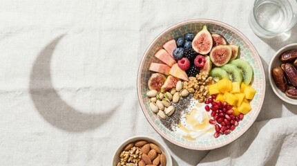 Overhead view of a vibrant fruit bowl with yogurt, nuts, seeds, and dates, set against a textured background with a crescent moon shadow, stock photo.