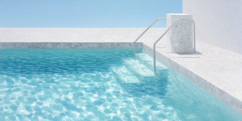 Obraz premium a swimming pool with clear blue water, white tiles, and a handrail