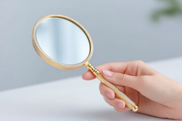 handheld mirror with a golden metal frame, a hand holding the mirror to display its reflection, against a light background creating an elegant atmosphere.