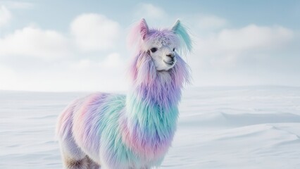 Fototapeta premium whimsical fantasy animal portrait of a fluffy llama with pastel rainbow colored fur standing in a vast snowy arctic landscape