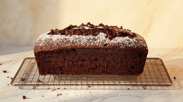 Moist and decadent chocolate pound cake loaf on cooling rack dusted with powdered sugar on top against beige background