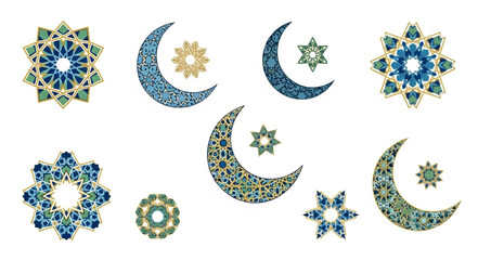 Islamic Geometric Patterns Crescent Moon and Star Ornaments. © Yanto