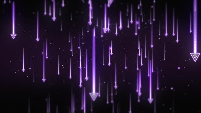 Abstract background with falling glowing purple arrows on a dark background.