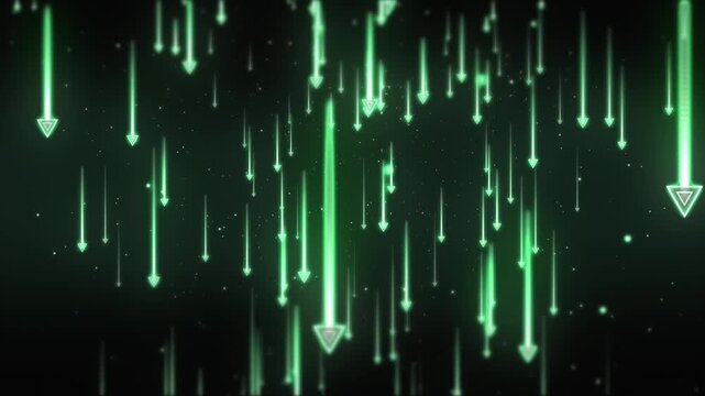 Abstract background with falling glowing green arrows on a dark background.
