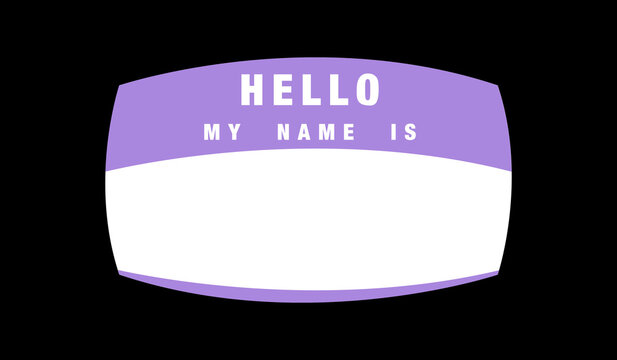 Name badge or sticker template. Blank hello my name is simple introduction tag design. Violet name badge.