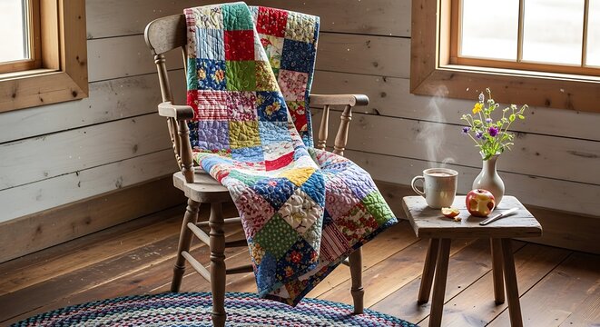 Cozy Cabin Retreat - Quilt, Chair, and Morning Refreshments.