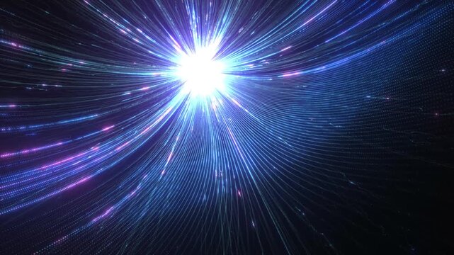 A bright blue-and-white splash of light at the top of the frame, with thin blue rays and light lines with neon accents spreading out.