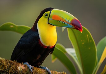 Naklejka premium Vibrant toucan perched on mossy branch amidst tropical foliage