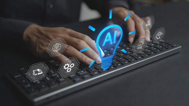 AI innovation concept. Person using computer with artificial intelligence innovation icons, machine learning, automation, data analytics and future technology.