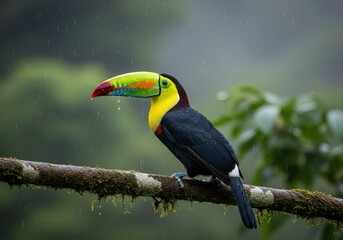 Naklejka premium Vibrant Toucan Perched on Rainy Branch in Lush Green Forest