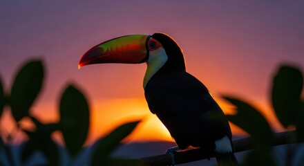 Naklejka premium Colorful Toucan Silhouette Against Vibrant Sunset Sky Background
