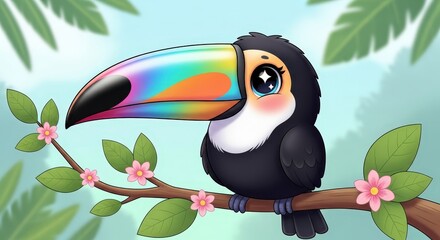 Naklejka premium Colorful Cartoon Toucan with Vibrant Beak Perched on Branch
