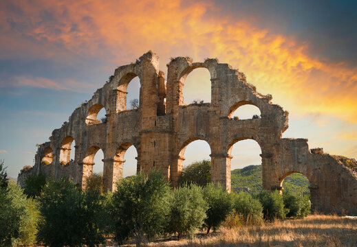The aqueducts of Aspendos Ancient City at sunrise. Antalya city. T&uuml;rkiye