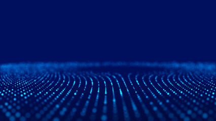 A futuristic digital backdrop with glowing particles and a flowing data stream. 3D depth perspective and the illusion of movement.