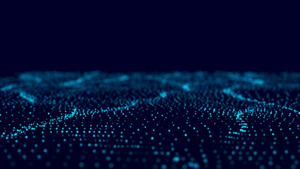 A futuristic digital backdrop with glowing particles and a flowing data stream. 3D depth perspective and the illusion of movement.