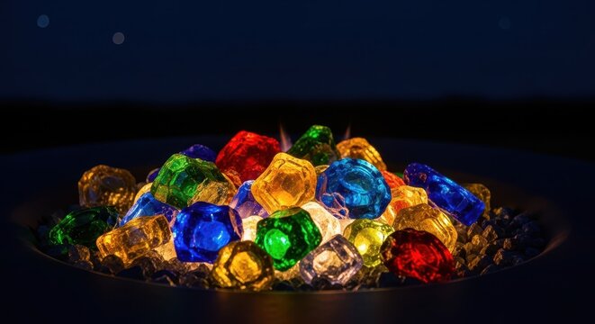 Warm, glowing fire pit filled with colorful, reflective glass pieces under a dark sky, creating a cozy evening atmosphere and ambiance, relaxation, outdoor, decoration