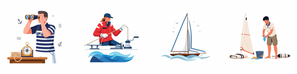 Sailing and Yachting Activities Illustration Set: Mariner with Binoculars, Woman Winching Rope, Sailboat on Waves, and Boat Maintenance.