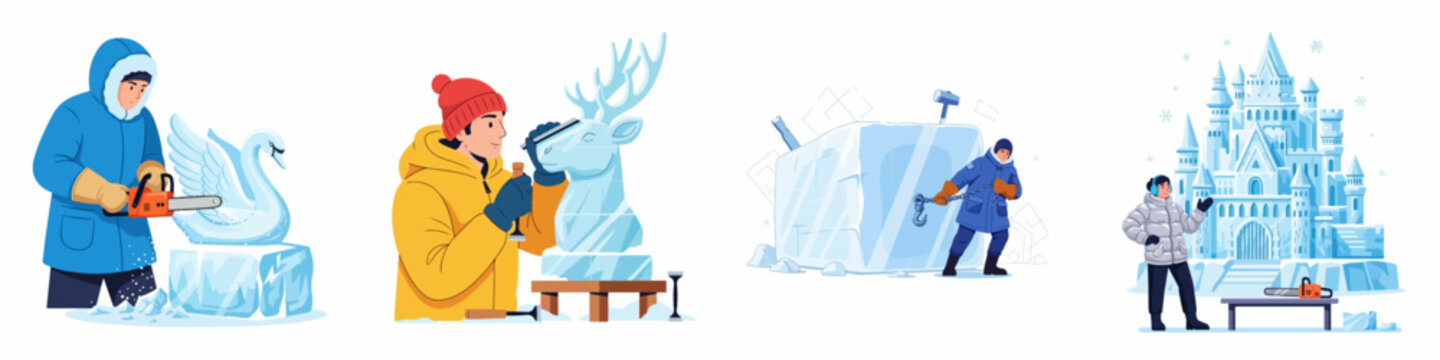 Ice Sculpting and Winter Construction Process: Artists create beautiful frozen art, including swans, reindeer, and a majestic ice castle, using specialized tools.
