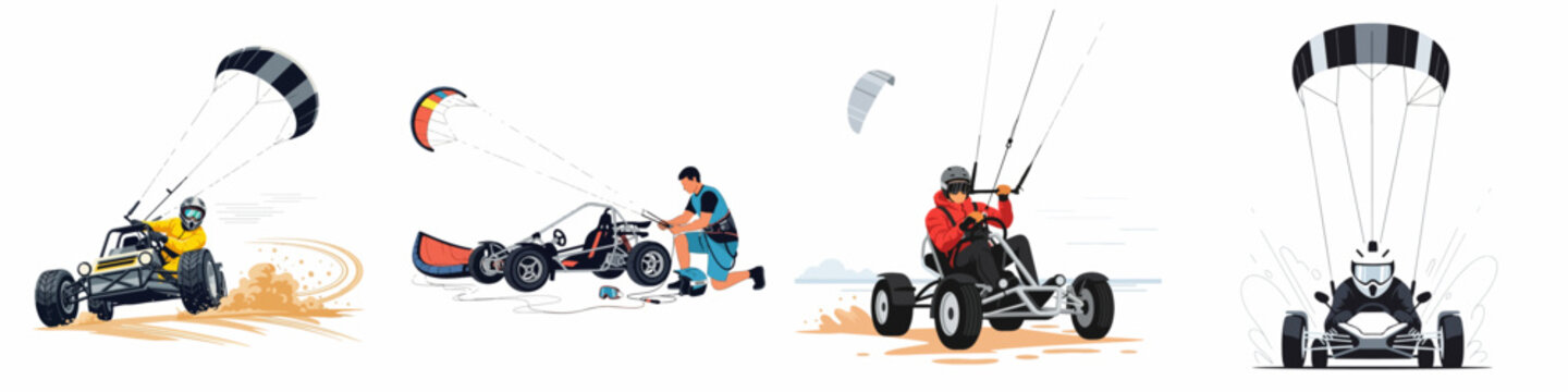 Dynamic Vector Illustrations of Kite Buggying: Extreme Sports, Setup, and High-Speed Action on Sand or Land.