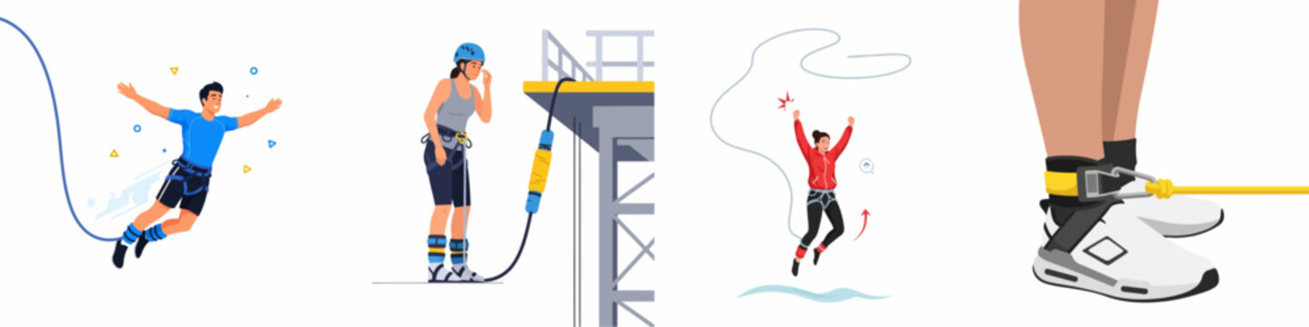 Bungee jumping vector illustration set showing people taking the plunge, preparation, and close-up details of harnesses and safety equipment for extreme adventure sports.