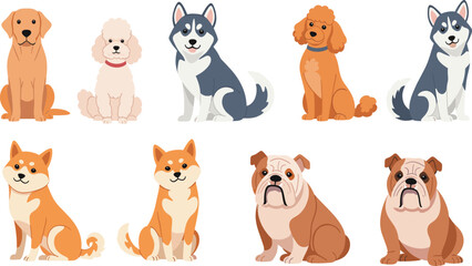 Cute Cartoon Dog Breed Character Set with Husky Poodle Bulldog and Shiba Puppies for Kids Vector Illustration Projects