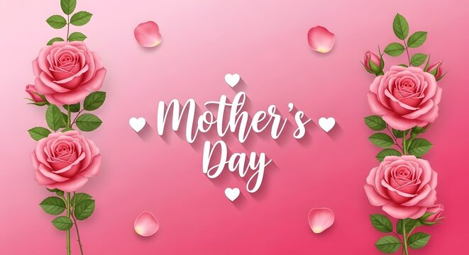 Beautiful mothers day greeting card with pink roses on gradient background