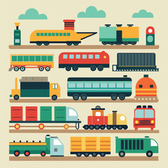 Naklejka premium Colorful collection of transportation vehicles trains trucks buses and more